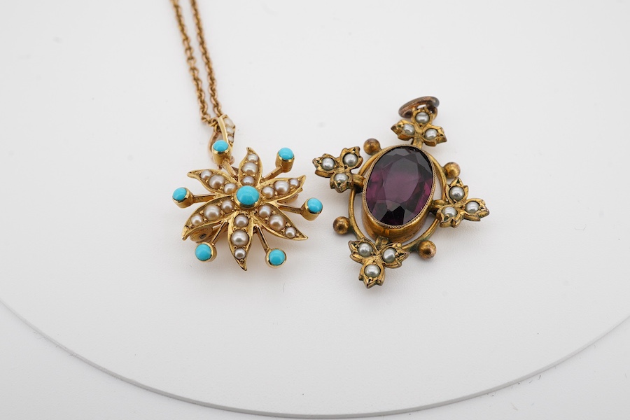 An early 20th century yellow metal, seed pearl and turquoise cluster set pendant, overall 26mm, on a 9ct chain, 43cm, gross weight 7 grams, together with a similar amethyst paste and simulated pearl set pendant. Conditio